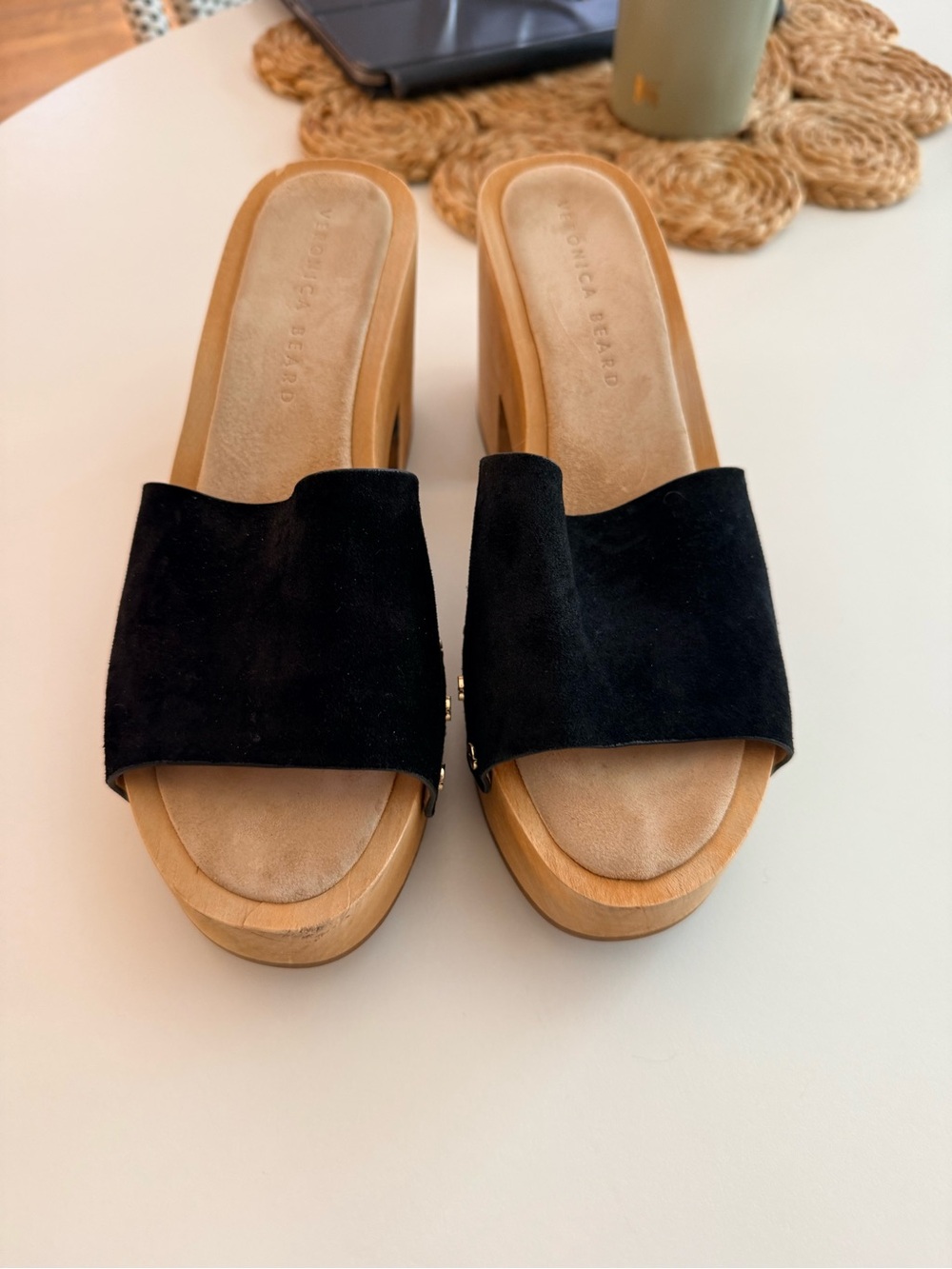 Veronica Beard Black Suede Wood-Platform Slide Mules
